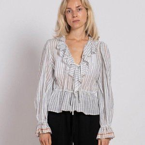 Ulla Johnson Striped Ruffle Blouse - White and Gray
